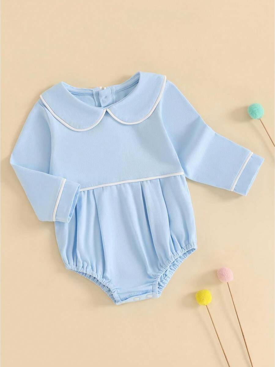 Pijama para bebés niños y niñas, de una pieza, con mangas largas, cuello tipo muñeca, línea de contraste/color sólido, traje de juego para recién nacidos - Azul - Ver 1