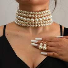 1pc Minimalist Multi-Layer Necklace, 1 Pair Pearl Earrings, 1 Set Jewelry Set. Elegant Faux Pearl Choker Necklace + Earrings Jewelry Set, Suitable For Women's Daily, Party, Or As A Perfect Gift - White - View 1