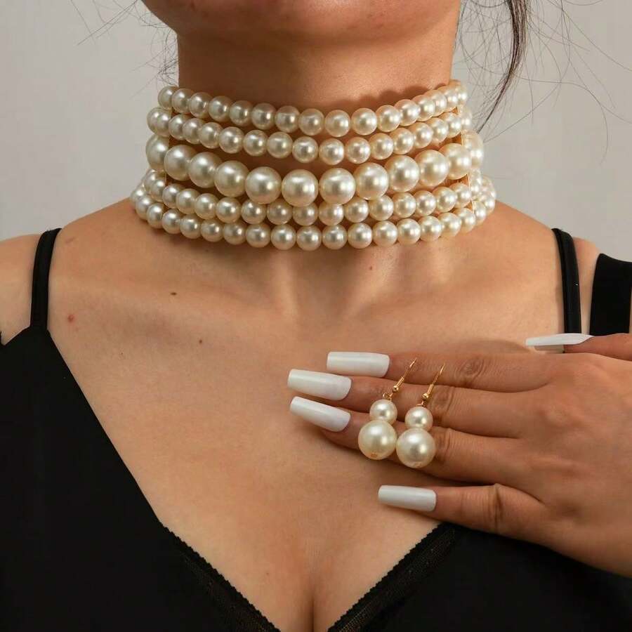 1pc Minimalist Multi-Layer Necklace, 1 Pair Pearl Earrings, 1 Set Jewelry Set. Elegant Faux Pearl Choker Necklace + Earrings Jewelry Set, Suitable For Women's Daily, Party, Or As A Perfect Gift - White - View 1