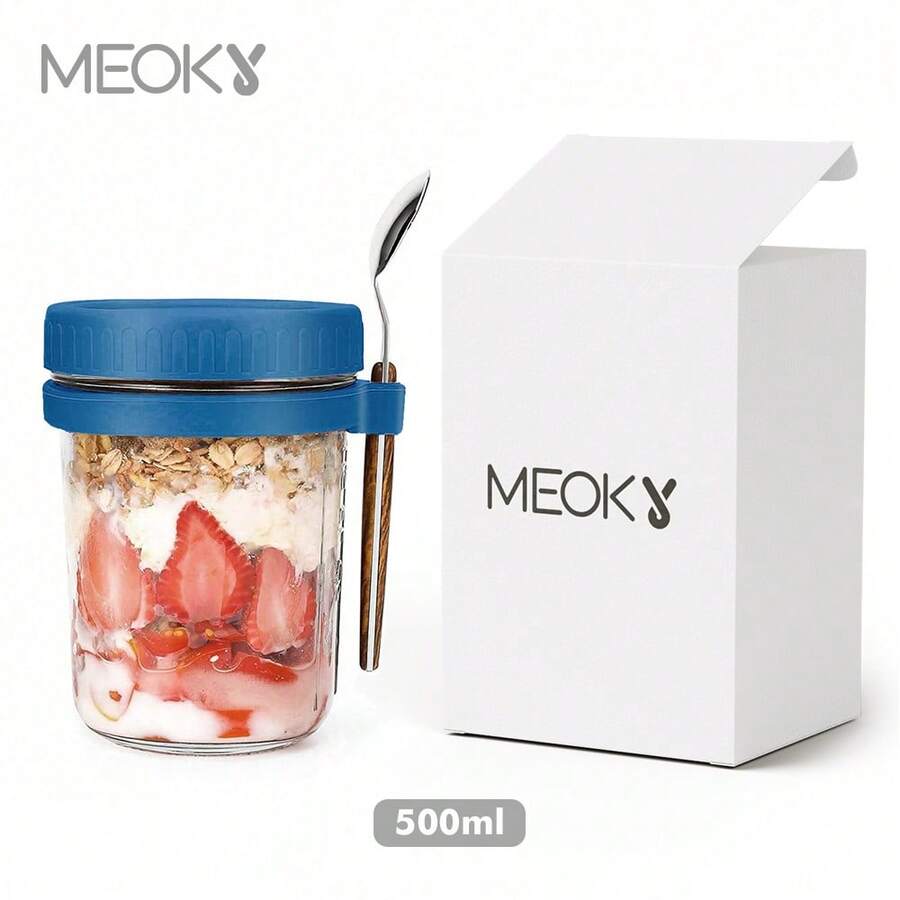 500毫升/16盎司（半罐装）隔夜燕麦梅森罐，带勺盖，密封燕麦片容器，带刻度，便携式谷物罐