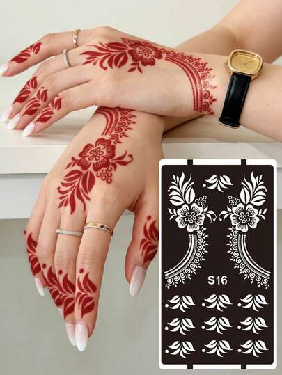 Hana Hand-Drawn Hollow Floral Tattoo Stencil - Sexy Floral Pattern, Suitable For Hands, DIY Painting, Ink, Reusable Mandala Design Template Stickers, Suitable For Women Body Party Makeup