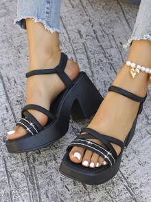 Sandal cao gót đế dày, nhẹ, có thể gập lại, kiểu dáng thời trang mới năm 2026, chất liệu lưới mềm mại, thoải mái và phong cách cho mọi mùa, cỡ lớn dành cho nữ, giá rẻ, đế xuồng, thích hợp cho dạo phố, hoạt động ngoài trời, dự tiệc, đế cao, hở mũi, trang trí đính đá. - màu đen - Xem 8