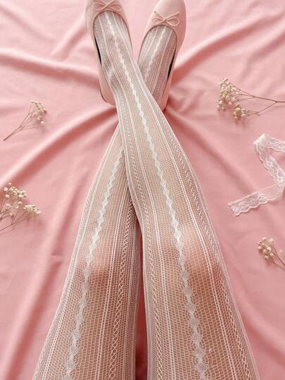 1pc Vintage Argyle Hollow Fishnet Stockings, White High Waist Tight Pantyhose For Women, Thin Fabric For Summer