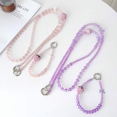 1 Set Crystal Strawberry Crossbody Phone Chain, Rhinestone Beaded Short Hanging Chain, Alloy Bow Phone Case Chain