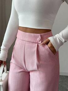 Women Pink Bamboo Fabric Waist Front Overlay Buckle Elegant Teacher Uniform Professional Casual Loose Flowy Straight Leg Pants Thanksgiving Halloween Essential - 粉色 - 查看 5