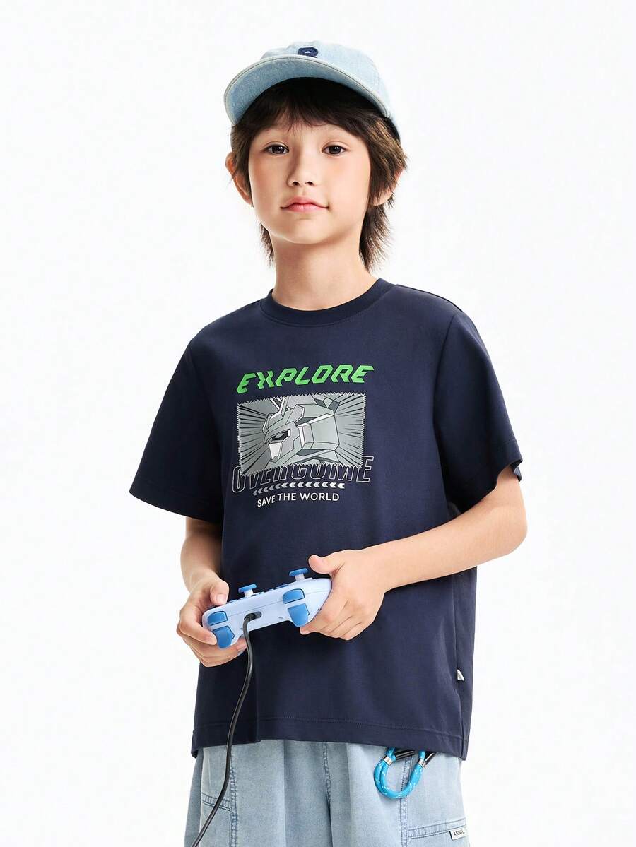 Annil 男童裝圓領短袖T卹 中大兒童學生針織衫 男童百搭休閒上衣 - 藏蓝色 - 查看 1