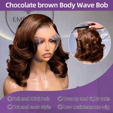 棕色波波头假发，180%真人发，13x4波浪卷蕾丝前假发，预先拔毛，巧克力棕色短波波头假发 - S4 - 查看 4