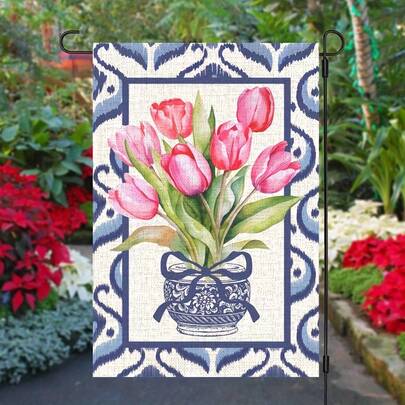 1pc Chinoiserie Tulips Garden Flag - Blue & White Linen Welcome Flag With Vibrant Pink Tulips & Green Foliage, Perfect For Easter, Summer, And Holiday Outdoor Home Decor (Flagpole Not Included), Garden Decorations