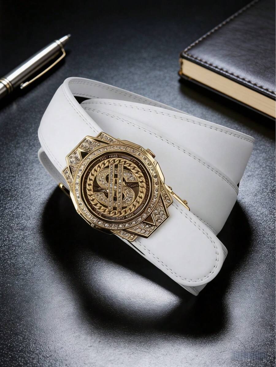 1 pièce Ceinture de luxe pour hommes, ceinture à boucle automatique en alliage, boucle rotative, associée à une sangle en PU blanc premium, longueur 120 cm, peut être coupée librement, plusieurs couleurs disponibles, port quotidien, assortiment de vêtements, premier choix pour les cadeaux - Multicolore - Voir 1