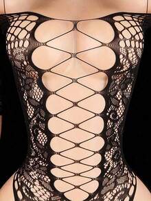Valentine's Day Gift: Dress And Pant Set, Mesh Stockings, Perforated Design, Transparent Mesh Interwoven Fabric - màu đen - Xem 4