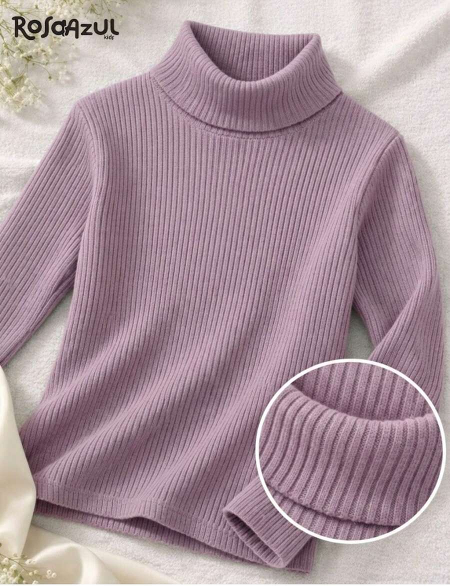 Children's Long-Sleeved High-Neck Ribbed Blouse - 紫丁香色 - 查看 1