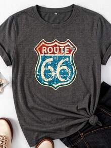 Route Us 66 Sign Women's Plus Size Colorful Cotton Print T-Shirt, Soft Breathable Cotton Blend Casual Tee, Perfect For Daily, Party, Vacation, Outdoor, Sports, Easter & Mother's Day Gift Graphic Tee 100 Percent - 灰色 - 查看 3