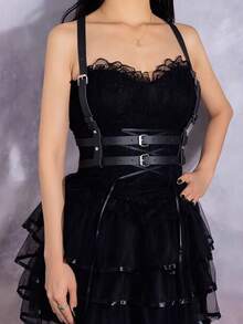 1 pieza Cinturón de arnés de estilo gótico y talla grande de piel sintética sexy para mujer, adecuado para fiestas de Halloween, celebraciones o uso diario - Negro - Ver 2