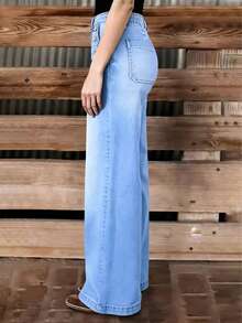 新款女士多扣水洗修身直筒休闲牛仔裤，高品质牛仔裤，春季款 - 淺色水洗藍 - 查看 5