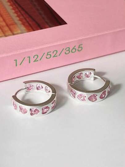 1 par de pendientes de aro elegantes y minimalistas con corazón rosa, joyas de moda personalizadas de alta gama con circonita cúbica incrustada, adecuados para uso diario de mujeres, fiestas, regalo del Día de San Valentín