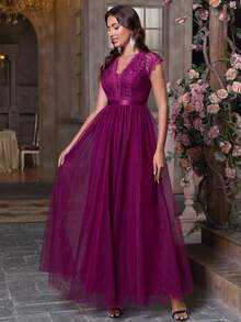 Women's Elegant Solid Color Lace & Mesh Patchwork Formal Prom Dresses, Party Gowns For Wedding Guest, Bridesmaid, Graduation, Cocktail, Formal Evening Spring - Red Violet - View 2