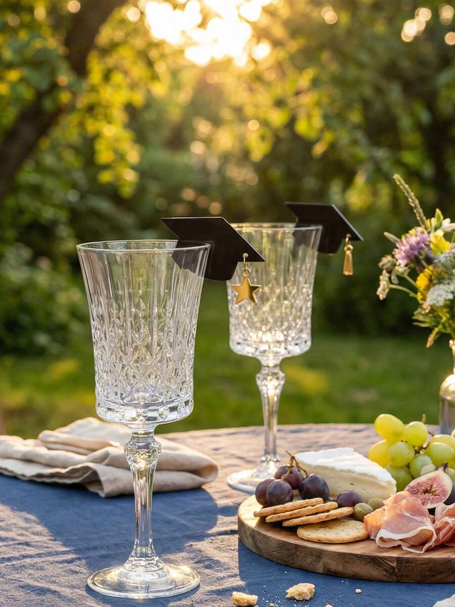 1pc/5pcs Acrylic Graduation Cap Wine Glass Pendant, Graduation Cap Converted Glass Decoration Hanging Ornament With Star/Tassel Pendant, Graduation Party Table Decor, Suitable For Champagne Flute And Wine Glass Graduation Decoration - Shatterproof Glass Decor, Perfect Champagne Flute And Glass Graduation Party Tableware - View 1