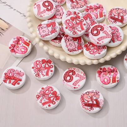 5pcs Pink 67 Printed Silicone Beads, Fashionable 28mm Red & Pink Butterfly Printed Design, Suitable For Festival Decoration, Home Decor DIY Jewelry Making Bracelets Necklaces Beading, Pen & Phone Charms, Bag Accessories, Craft Projects