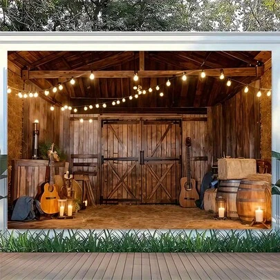 Phông nền chụp ảnh cánh cửa chuồng ngựa kiểu nông thôn, với bánh xe ngựa và vải bố, cùng với biểu ngữ trang trí trong nhà theo chủ đề đồng quê, phù hợp cho đám cưới, sinh nhật, kỷ niệm và Ngày của Mẹ, và rất thích hợp làm phông nền cho nhiều lễ hội khác nhau. Có thể lựa chọn nhiều kích thước và bối cảnh khác nhau.