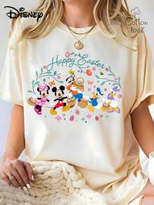 Disneyland Happy Easter Cartoon Friends Egg Basket Graphic Print Short Sleeve T-Shirt For Women  Tee Casual Short Sleeve Top Cute Casual Short Sleeve T-Shirt,Selected 100% High-Quality Cotton Fabric, Soft And Skin-Friendly, Breathable And Sweat-Absorbent. It Offers No Constraining Feeling During Daily Wear And Is Suitable For Spring And Summer Seasons As Well As For Long Trips. For Womencoords Sets For Women,Conjuntos De Mujer Elegantes - 杏色 - 查看 1