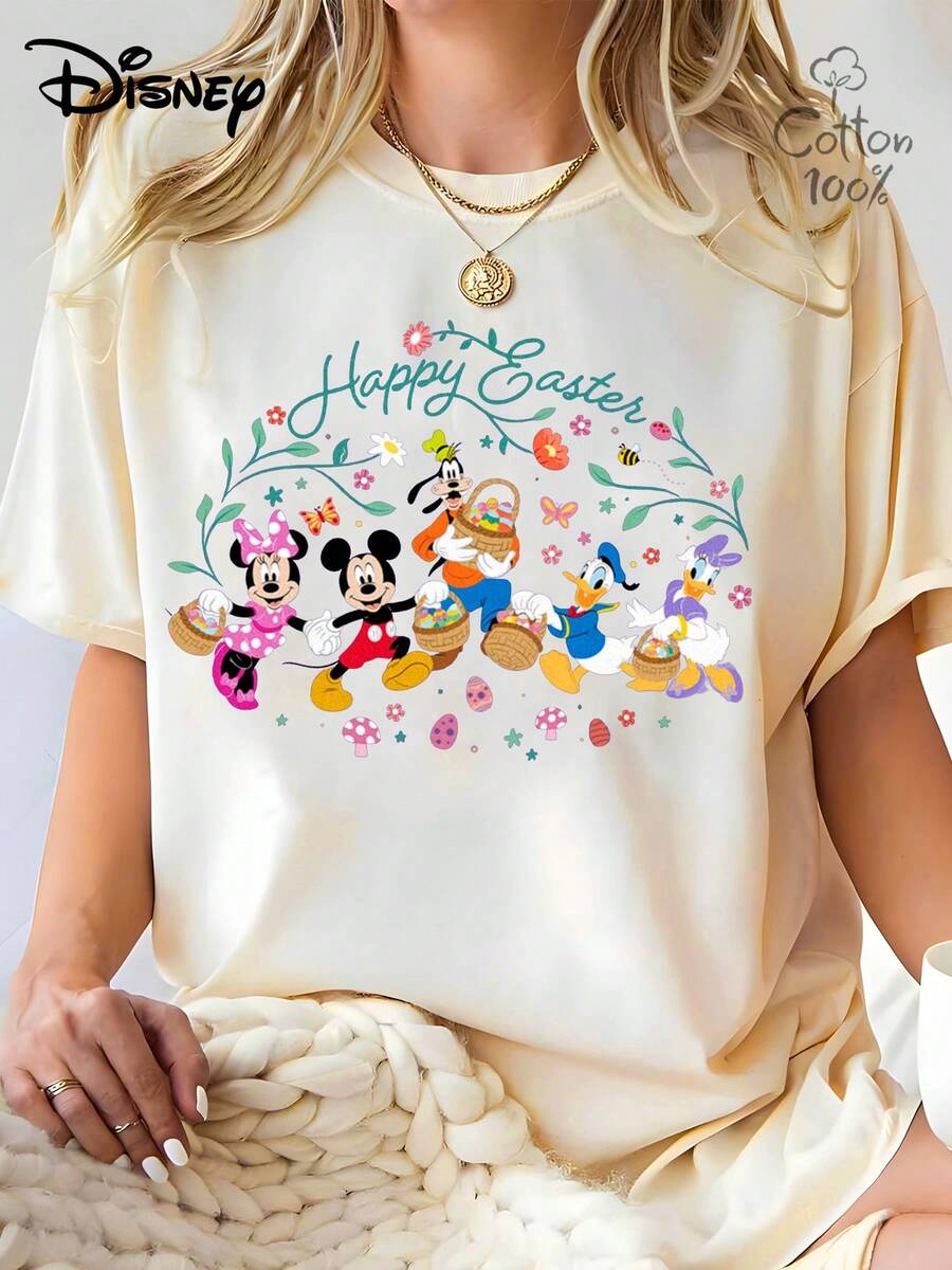 Disneyland Happy Easter Cartoon Friends Egg Basket Graphic Print Short Sleeve T-Shirt For Women Tee Casual Short Sleeve Top Cute Casual Short Sleeve T-Shirt,Selected 100% High-Quality Cotton Fabric, Soft And Skin-Friendly, Breathable And Sweat-Absorbent. It Offers No Constraining Feeling During Daily Wear And Is Suitable For Spring And Summer Seasons As Well As For Long Trips. For Womencoords Sets For Women,Conjuntos De Mujer Elegantes - 杏色 - 查看 1