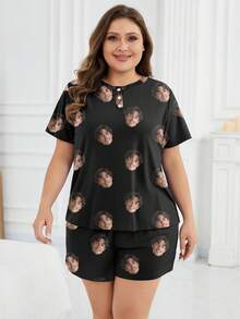 Printstory Customized Plus Size Women's Short Sleeve Pajama Set, Customizable With Any Pattern, Suitable As A Gift For Family, Friends Or Holiday Party - Black - View 4