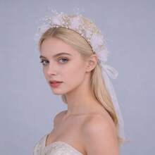 1 chiếc băng đô cài tóc cô dâu bằng lụa chiffon thủ công, phụ kiện tóc cưới - Vàng - Xem 2