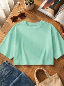 Blusa de mujer de corte holgado, cuello redondo, manga corta, casual, adecuada para primavera y verano, con estilo minimalista, elegante y sexy Y2K, apta para uso diario, oficina, hogar y exteriores, color negro - verde menta - Ver 2