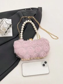 Faux Pearl Handle Evening Bag, Elegant Lace Flower Clutch Bag With Metal Chain Strap, Suitable For Party, Banquet, Women's Gift, Matching Various Dresses - Pink - View 7