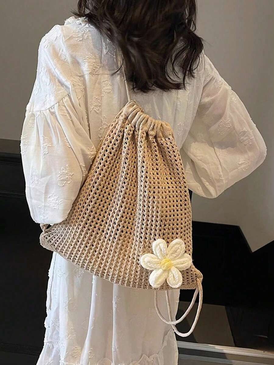 女士抽绳编织网袋双肩包，简约时尚手提包，独特的米色钩针编织双肩包，抽绳闭合，开口设计，新款极简主义编织网抽绳镂空针织女士双肩包，独特的波西米亚风钩针编织手提包 - 时尚夏季沙滩手提包，适合休闲外出和放松，沙滩包，适合海滩和休闲穿着，沙滩必备包款，适合海滩和休闲旅行