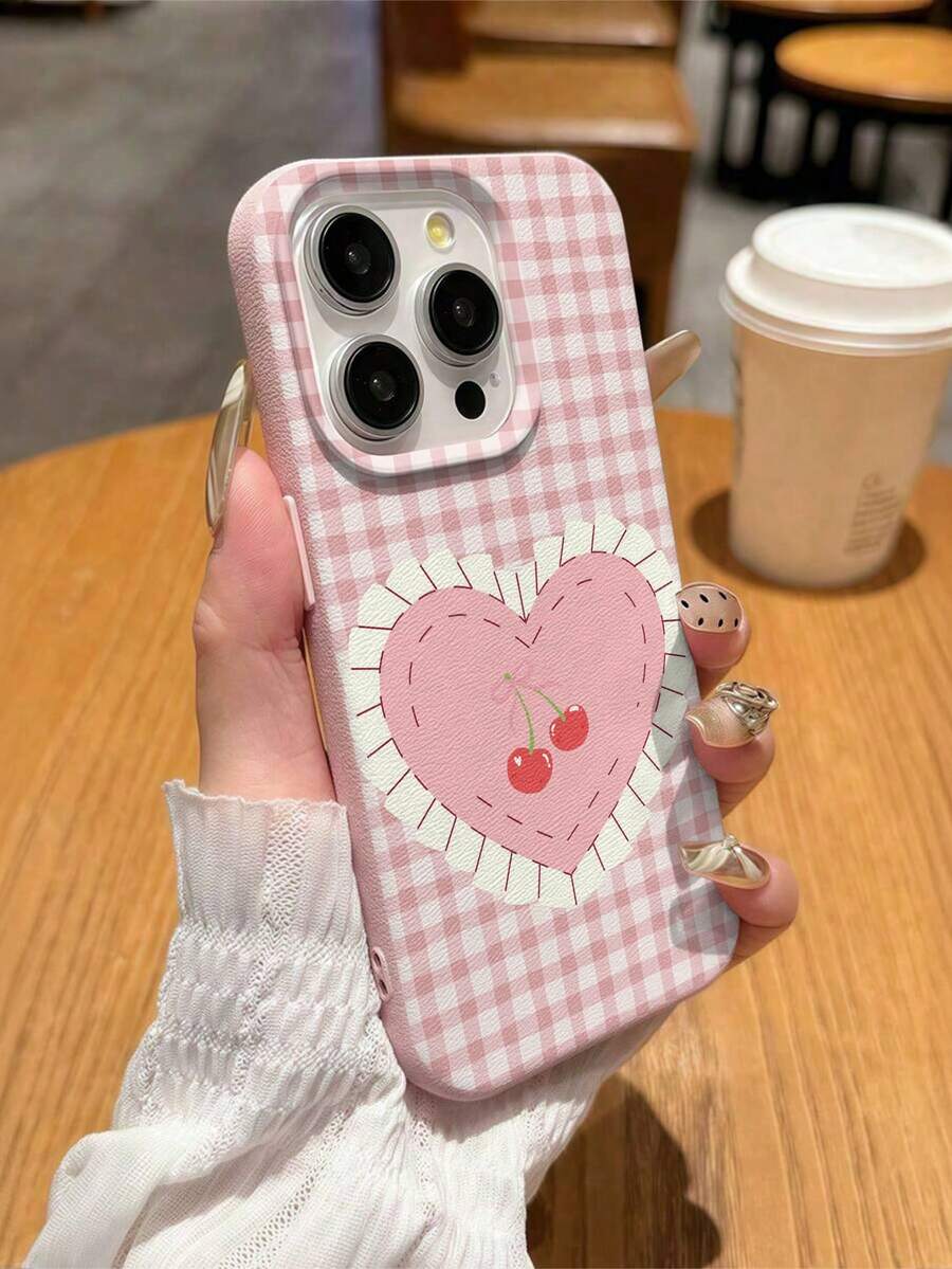 1个蕾丝爱心蝴蝶结樱桃格纹荔枝纹理防震TPU手机壳，适合作为男女节日礼物，兼容 XS/XS Max/XR/11/12/13/14/15/16/17 Pro/Pro Max/14/15/16/17 Plus - 彩色 - 查看 1