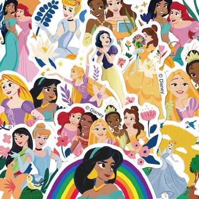Disney 50 Piezas Pegatinas de Princesa, Bonitas y Lindas Pegatinas Creativas de Dibujos Animados de Princesas como Jasmine, Adecuadas para Decorar Libretas, Fundas de Teléfono, Cuadernos, Tabletas, Patinetas, Guitarras, Fiestas, Maletas, Cajas, Cascos, Sobres y Manualidades