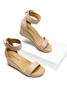 Women's Platform Wedge Sandals Open Toe Buckle Ankle Strapless Sandals Comfortable One-Strap Wood-Grain Bottom Sandals For Valentine's Day Summer Shoes - 杏色 - 查看 5