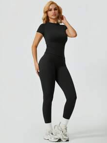 NcmRyu Women's Seamless Short Sleeved Long Pants Stretchable Waist Abdomen Control High Waist Training Fitness Equipment Collar Set Fitness Yoga Fitness Purple Buttock Lifting Outfit - 黑色 - 查看 6