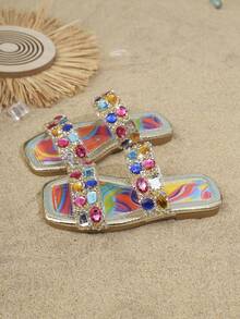 Kids Fashion Slippers, New Square Toe Rhinestone Design Shiny Girls Summer Beach Slippers - Multicolor - View 2