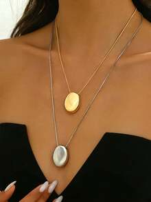 Set de 2 collares con colgante ovalado geométrico de cadena de serpiente minimalista, adecuado para uso diario y eventos formales - Amarillo dorado + plata - Ver 3