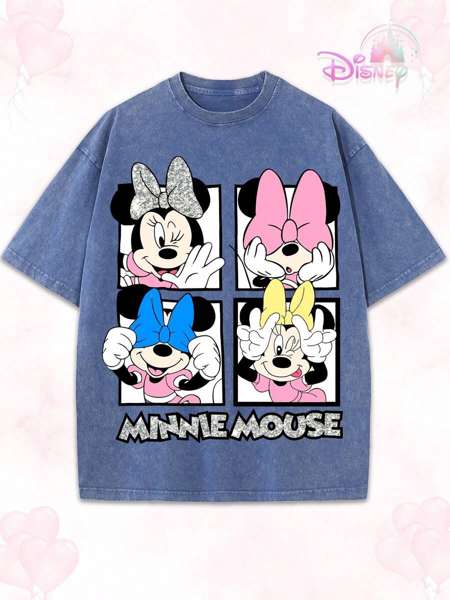 Disney Minnie Mouse Cute Poses Grid Graphic Washed T-Shirt, Retro Minnie Mouse Oversized Tee For Women - Blue - View 1