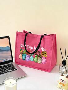 New Floral & Letter Print Handbag With Zipper Pouch, Women's Versatile Tote Bag, Portable Casual Handbag, Suitable For Birthday, Party, Holiday Gifts; Christian-Themed Tote Bag And Cosmetic Bag Set, Vacation-Style Letter Design Handbag, Suitable For Wedding, Birthday, Beach, Holiday, Best Gift For Family And Friends - Multicolor - View 4