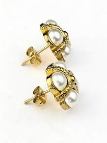 1 Pair Retro Elegant Four-Leaf Flower Pearl Gold Stainless Steel Earrings, Suitable For Women's Daily Wear, Gift For Lover, Family, Friend, Anniversary, Birthday, Party, Luxurious Earrings - Gold - View 5