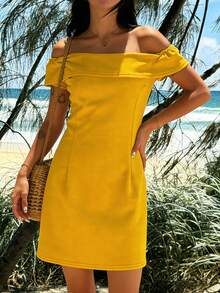 女士春夏时尚优雅休闲都市现代翻领露肩修身迷你连衣裙，女士商务休闲装，女士夏季休闲连衣裙，女士黄色连衣裙，休闲派对连衣裙 - 黃色 - 查看 4