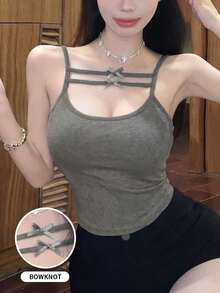 Spring/Summer Bowknot Camisole Top With Padded Bust, Sexy Sleeveless Cropped Tank Top For Women Casual - Gray - View 2