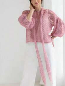 Maglione lavorato a maglia con schiena traforata e fiocco, maniche a 3/4, rosa, adatto per la primavera e le vacanze al mare - Rosa - Visualizzare 3