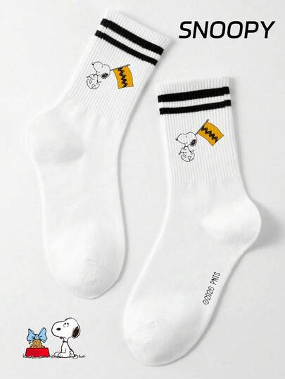 SNOOPY 1 par de calcetines de tripulación para hombres con diseño de rayas dobles, calcetines de dibujos animados lindos para hombres, resistentes al olor, que absorben la humedad, casuales y deportivos, adecuados para estudiantes/adultos como regalos o uso diario