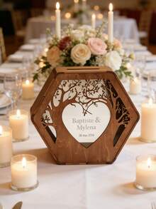 Caixa de madeira personalizada para cartões de casamento (1 unidade), caixa hexagonal personalizada com recorte de árvore e coração, porta-cartões rústico de madeira com nomes e data do casal, caixa para guardar dinheiro e cartões de casamento, caixa de lembranças personalizada para casamento, festa de noivado, chá de panela, presente ideal para noiva, noivo e casal, itens de casamento, presentes personalizados. - Multicolorido - Ver 5