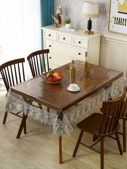 1pc Embroidered Tassel Lace Edged PVC Tablecloth, Romantic Elegant Embroidered Lace Waterproof Oilproof Tablecloth, Suitable For Dining Table, Coffee Table, Daily Home Decor And Wedding Party Holiday