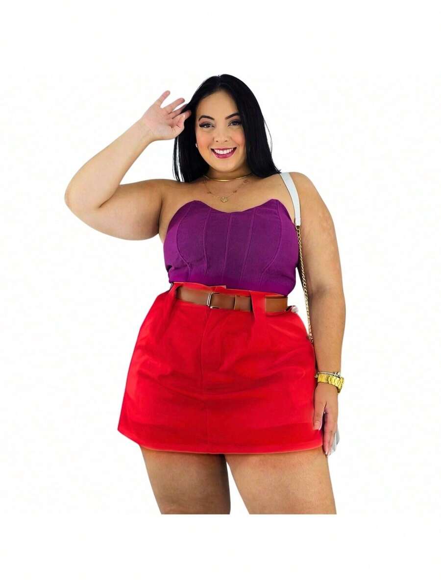 Short Skirt Plus Size Tailored With Belt Various Colors Summer - 紅色 - 查看 1