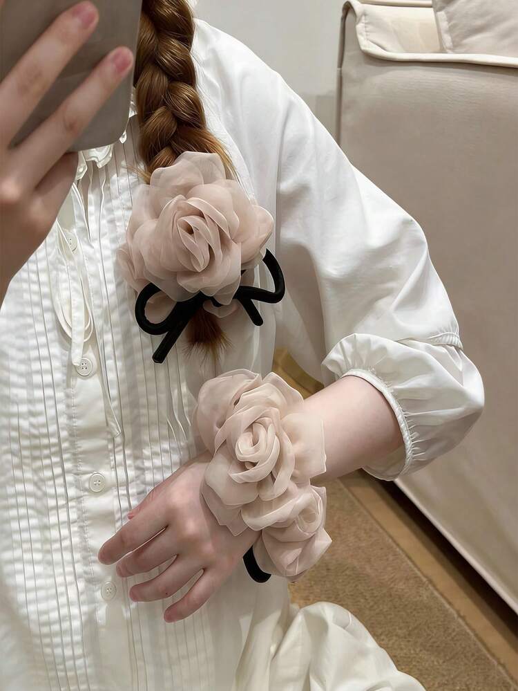 1pc Vintage Mesh Scrunchie, Elastic Hair Tie, Durable Ponytail Holder, Elegant Hair Accessory - Multicolor - View 4