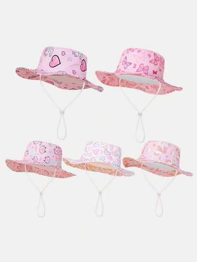 1pc Toddler/Girls' Butterfly Print Sun Protection Bucket Hat, Cute Wide Brim Adjustable Strap Beach Hat, Suitable For Spring/Summer Outdoor Activities