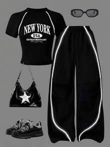 Conjunto de top de manga corta y pantalones con estampado de dibujos animados para niña preadolescente - Negro - Ver 7