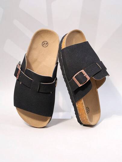 女童米白色仿麂皮可调节搭扣凉拖鞋，复古软木鞋垫，休闲夏季童鞋